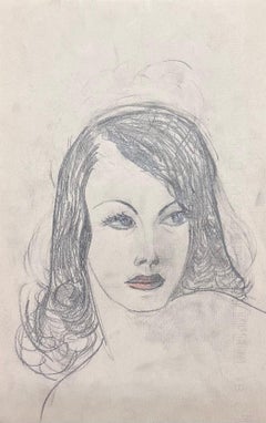 Esbozo a lápiz francés de mediados de siglo Retrato elegante de dama en pose