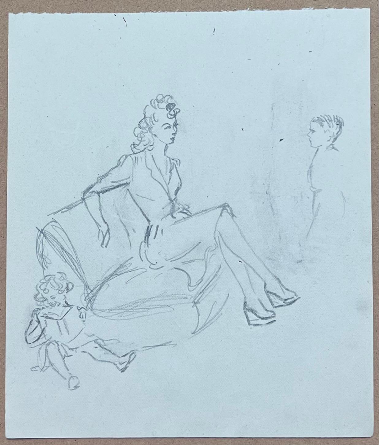 Französische Bleistiftstudie aus der Mitte des Jahrhunderts, Porträt Chic Mutter und ihre Kinder Skizze – Painting von Josine Vignon
