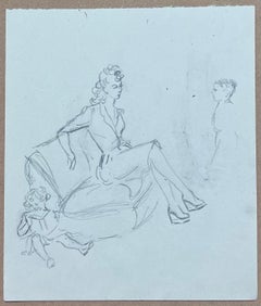 Mid Century French Pencil Study Portrait Chic Mother and her Children Sketch