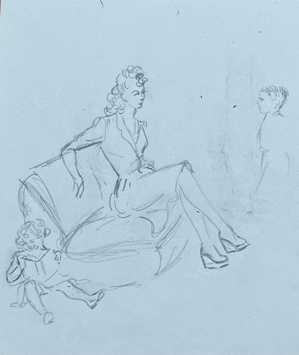 Französische Bleistiftstudie aus der Mitte des Jahrhunderts, Porträt Chic Mutter und ihre Kinder Skizze (Post-Impressionismus), Painting, von Josine Vignon