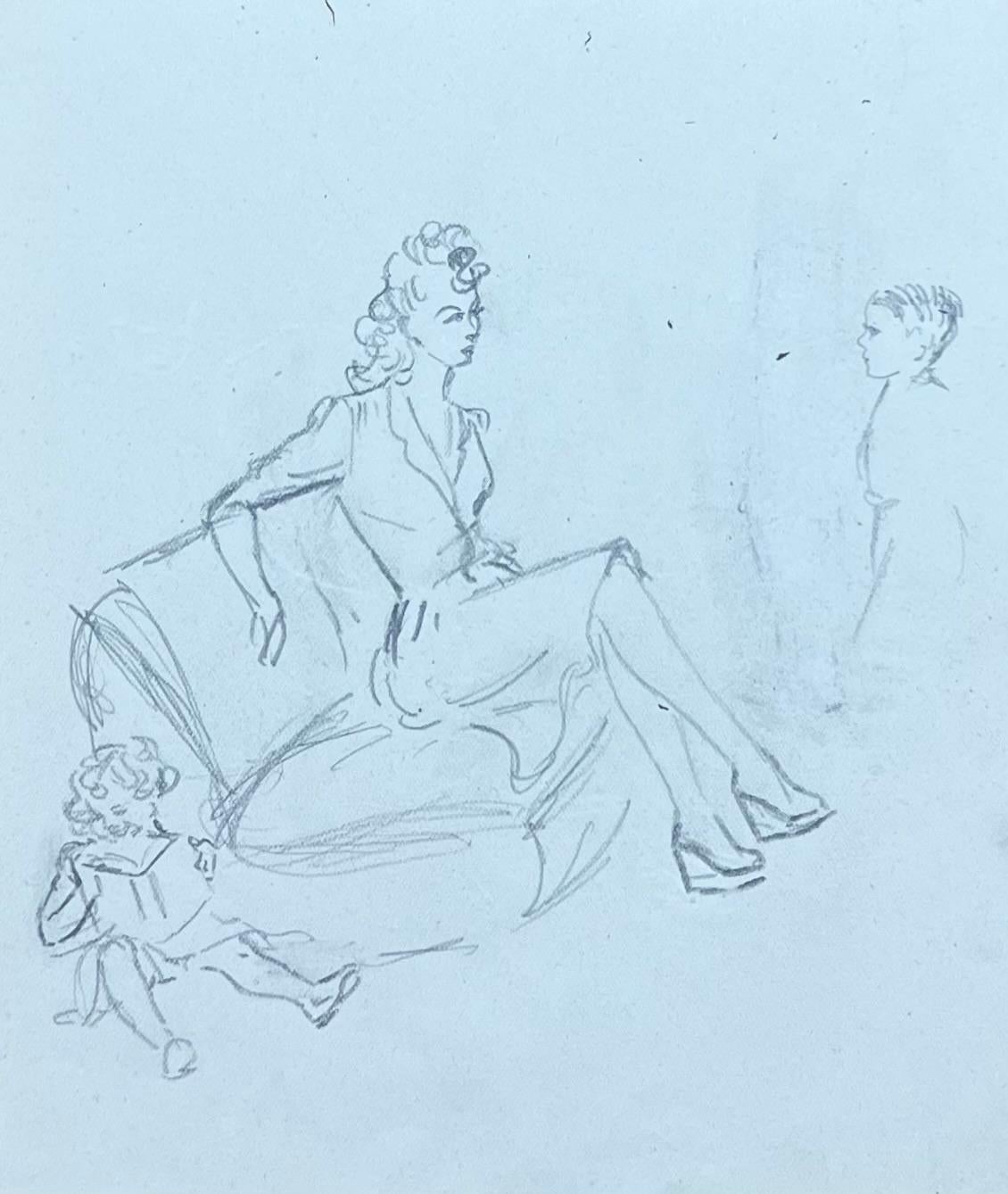 Mid Century French Pencil Study Portrait Chic Mother and her Children Sketch