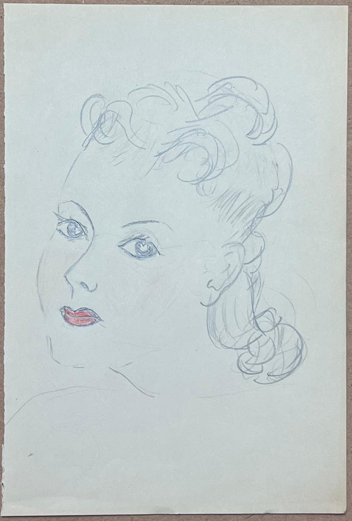 Französische Bleistiftstudie aus der Mitte des Jahrhunderts, Porträt einer liegenden Frau mit rotem Lippenstift – Painting von Josine Vignon