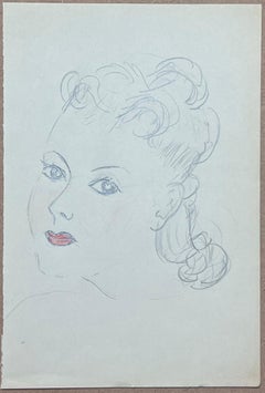 Mid Century French Pencil Study Portrait of a Gazing Woman with Red Lipstick