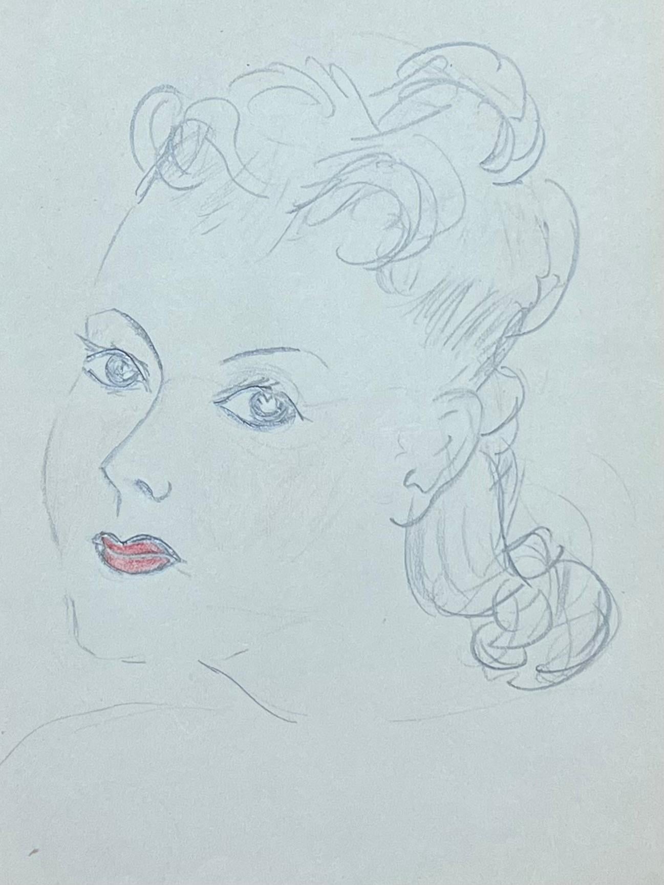 Mid Century French Pencil Study Portrait of a Gazing Woman with Red Lipstick