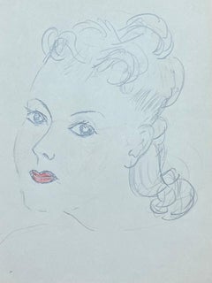 Estudio a lápiz francés de mediados de siglo Retrato de una mujer mirando con los labios pintados de rojo
