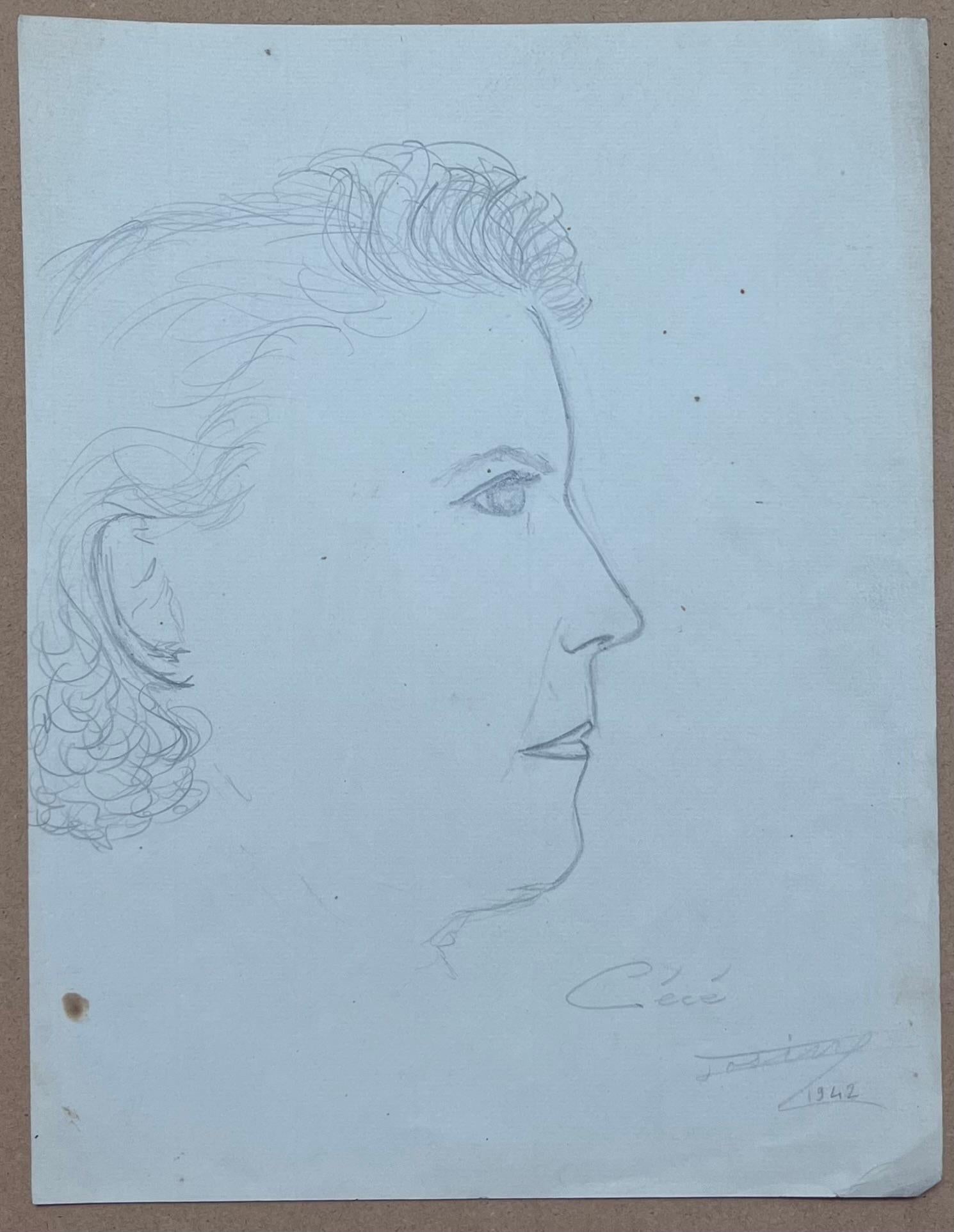 Französische Bleistiftstudie aus der Mitte des Jahrhunderts, Porträtprofil einer ausdrucksstarken Frau – Painting von Josine Vignon