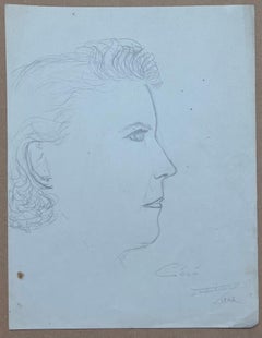 Mid Century French Pencil Study Portrait Profile of an Expressive Woman