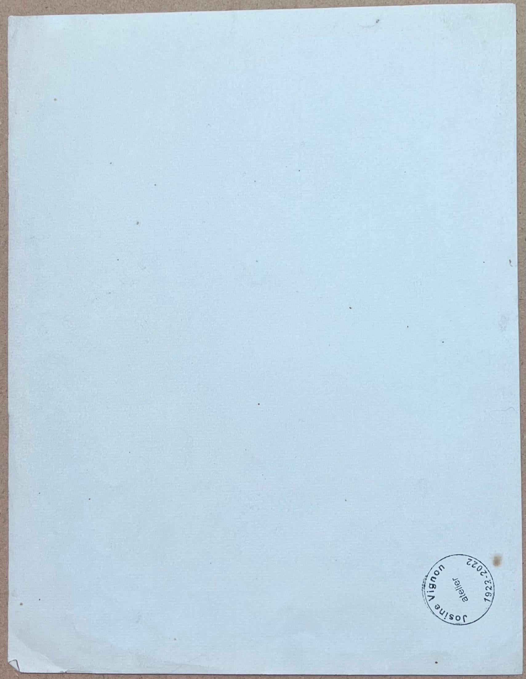 Französische Bleistiftstudie aus der Mitte des Jahrhunderts, Porträtprofil einer ausdrucksstarken Frau (Blau), Figurative Painting, von Josine Vignon