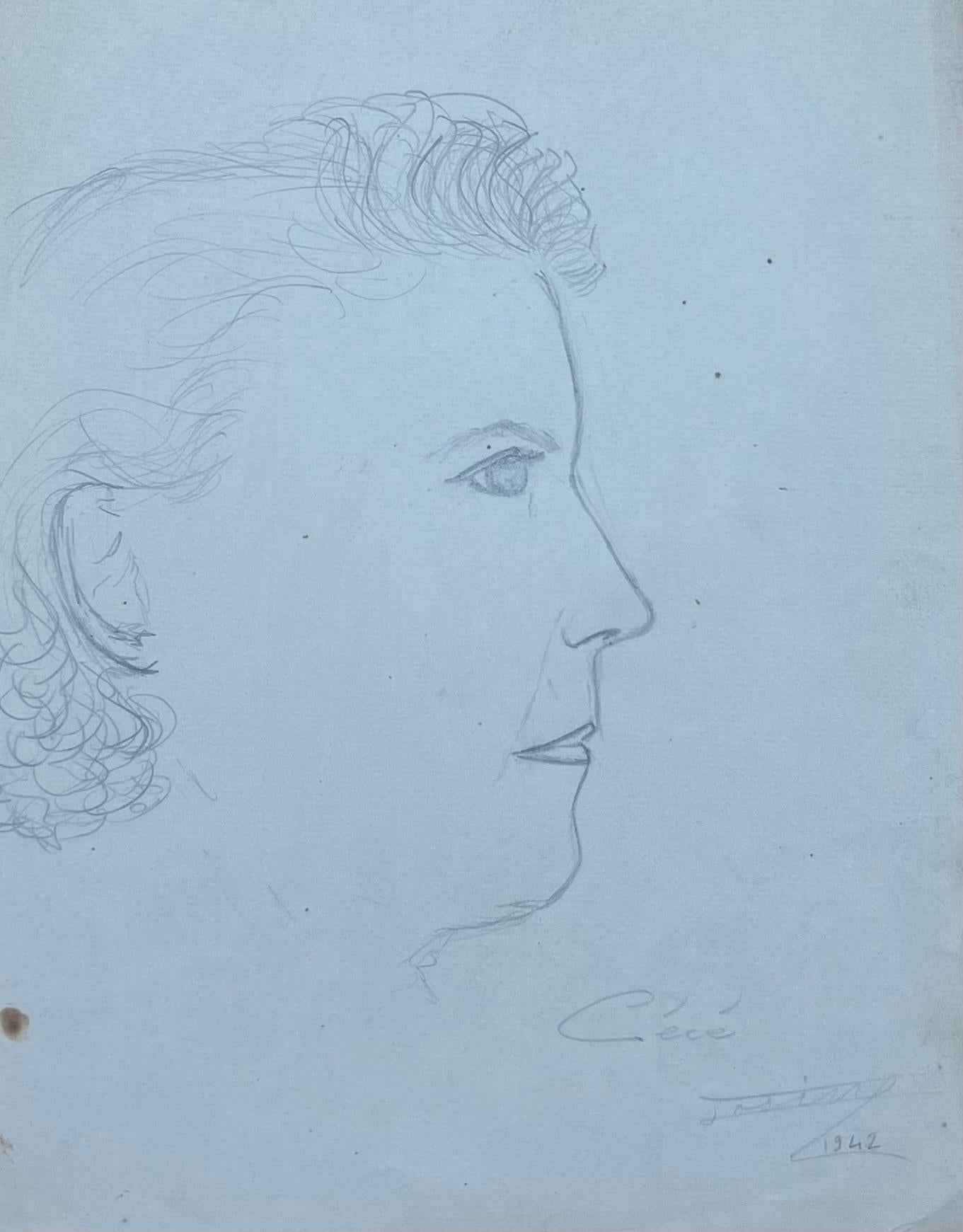 Mid Century French Pencil Study Portrait Profile of an Expressive Woman