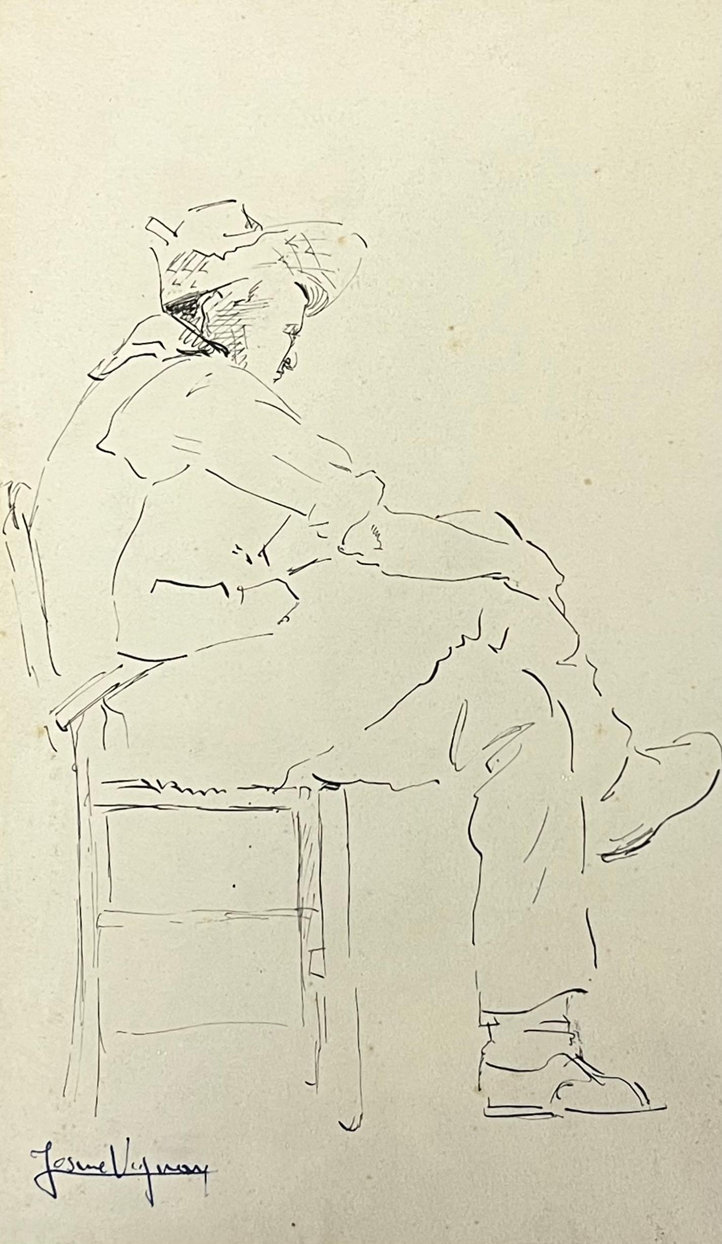 Disegno di ritratto di un uomo seduto e pensieroso della metà del secolo scorso - Art di Josine Vignon