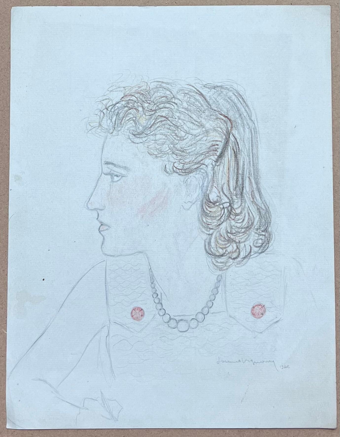 Ritratto di donna chic dai capelli ramati della metà del secolo scorso, schizzo a matita - Painting di Josine Vignon