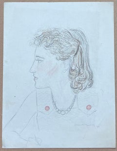 Ritratto di donna chic dai capelli ramati della metà del secolo scorso, schizzo a matita