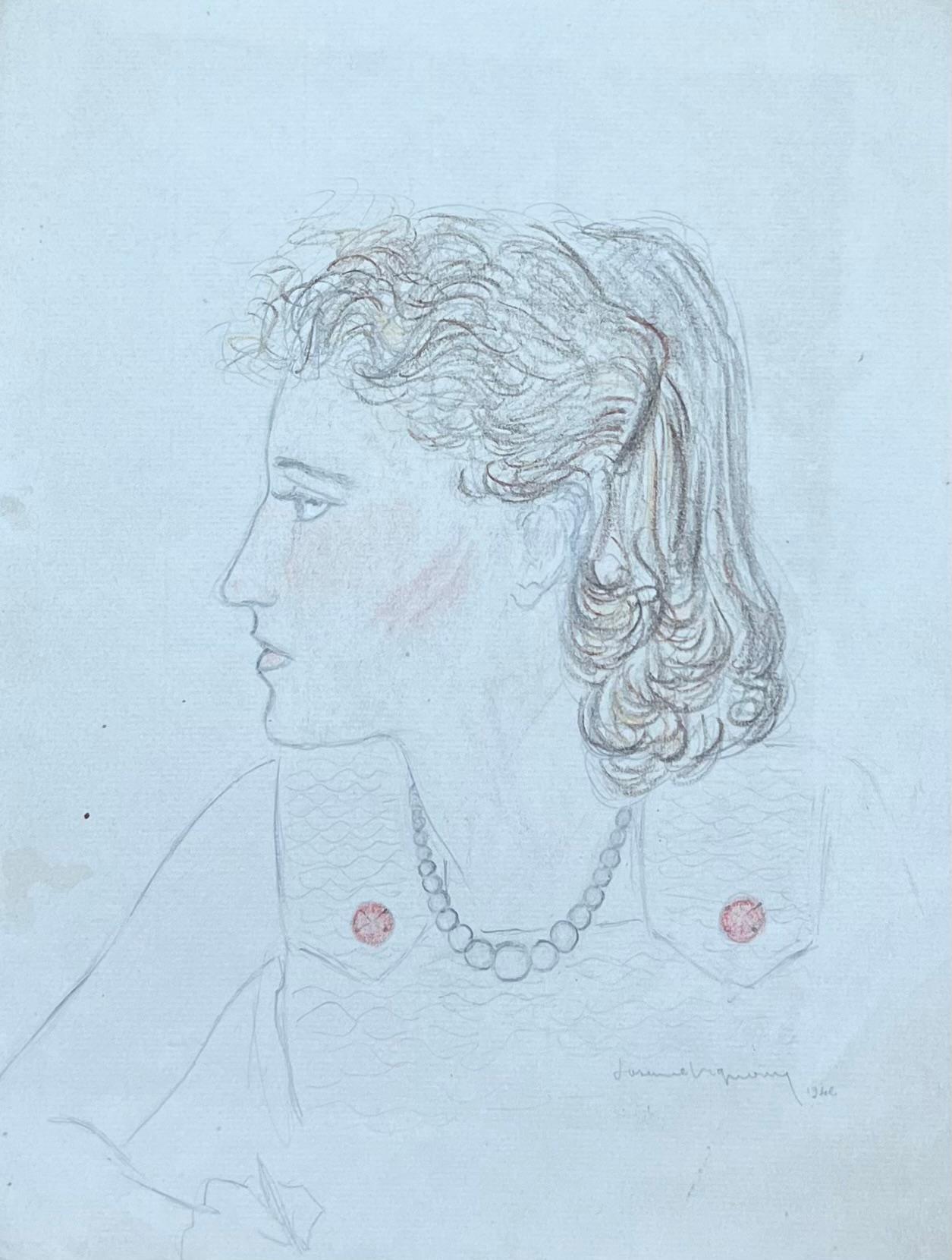 Ritratto di donna chic dai capelli ramati della metà del secolo scorso, schizzo a matita - Painting Postimpressionismo di Josine Vignon