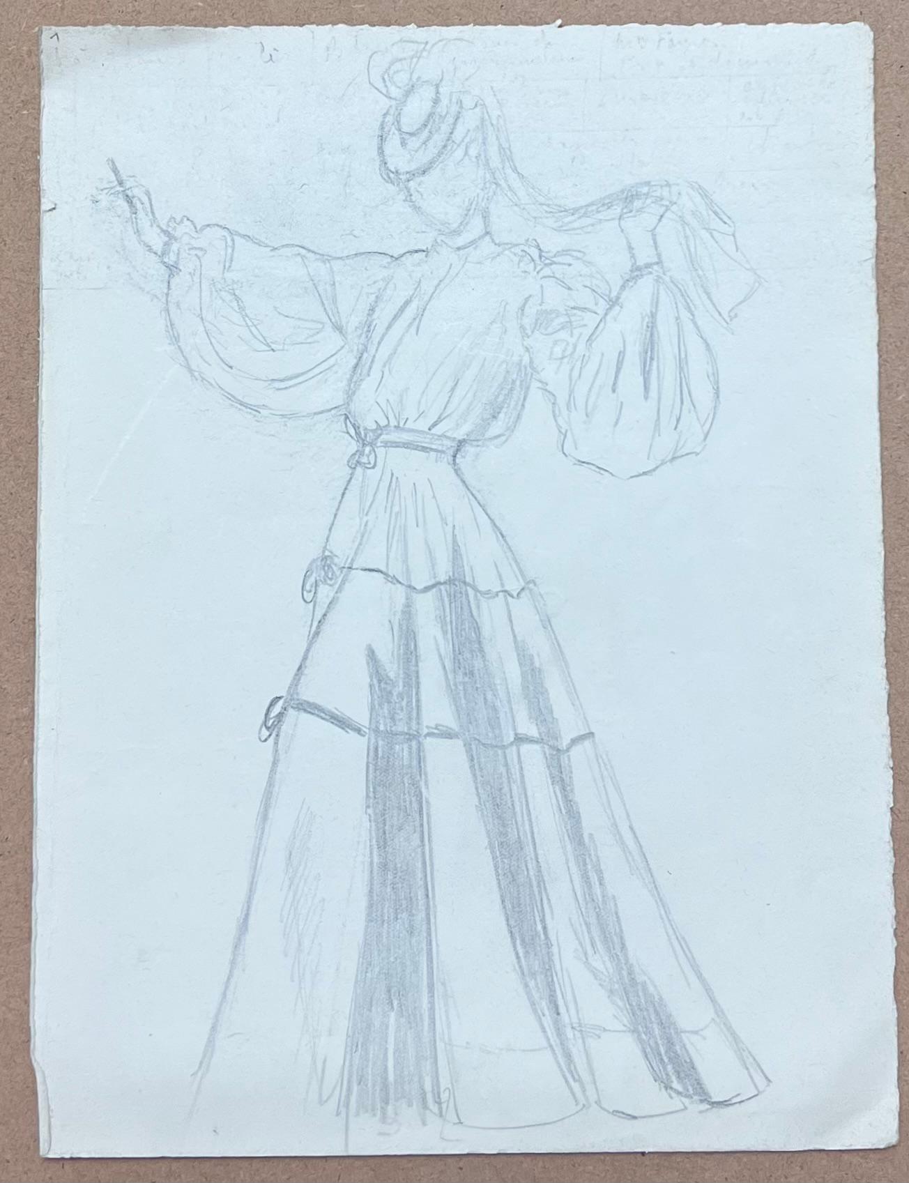 Französisches Porträt einer Frau aus der Mitte des Jahrhunderts in Zeichnung, fließendes Kleid, Bleistiftskizze – Art von Josine Vignon