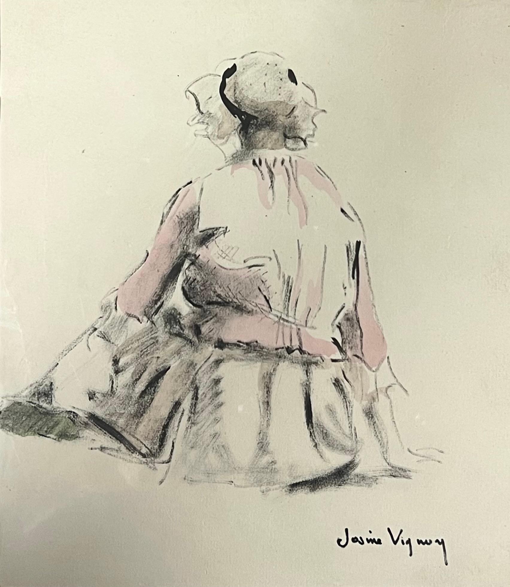 Französisches Porträt einer sitzenden Jungfrau, Aquarellskizze aus der Mitte des Jahrhunderts – Art von Josine Vignon