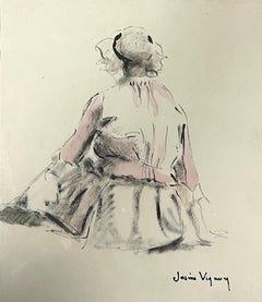 Mid Century French Portrait of a Seated Maid Watercolour Sketch