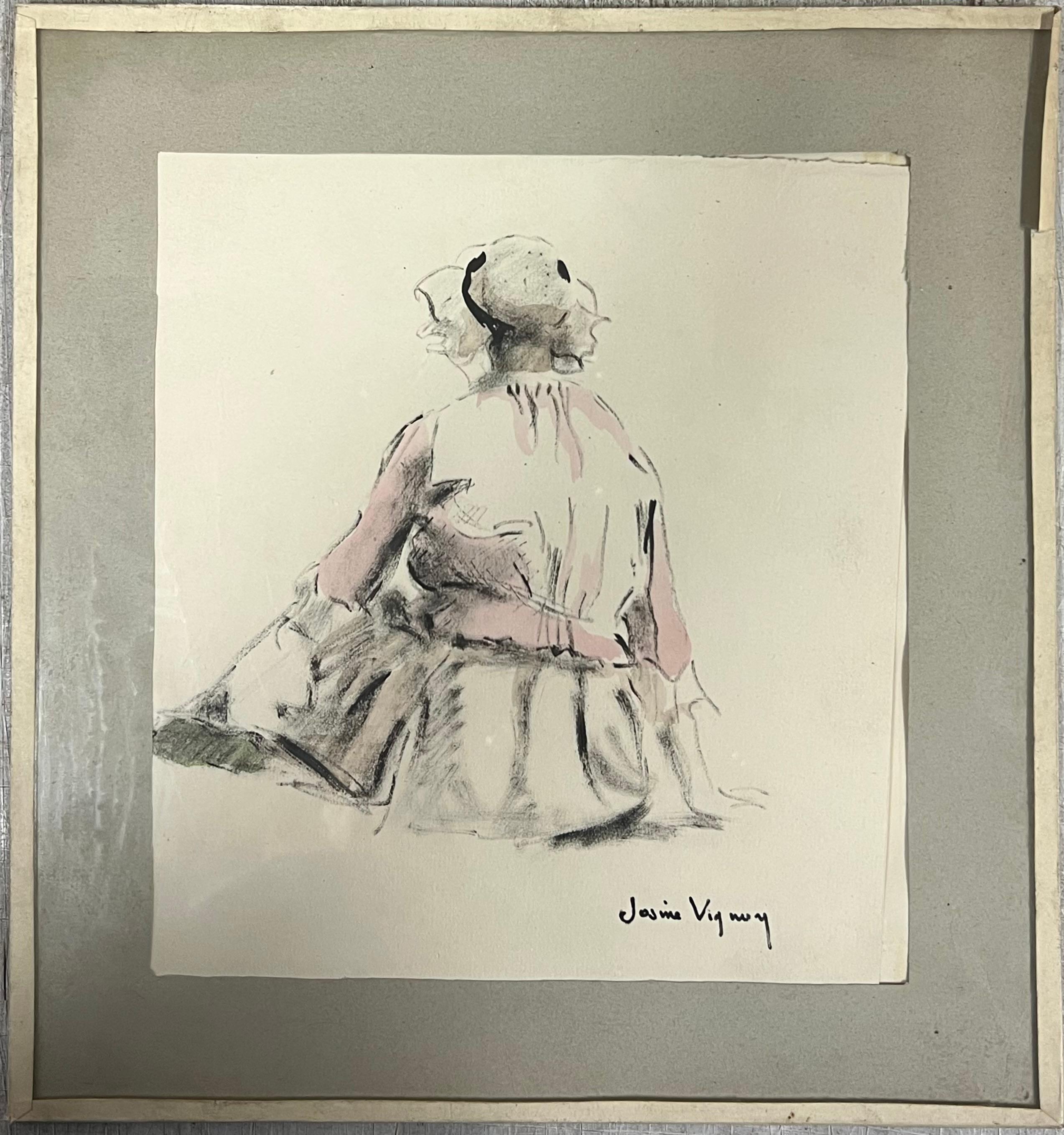 Retrato francés de mediados de siglo de una doncella sentada Boceto en acuarela