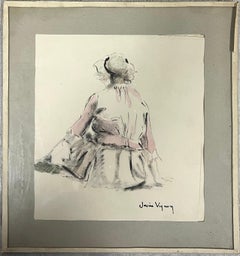 Retrato francés de mediados de siglo de una doncella sentada Boceto en acuarela