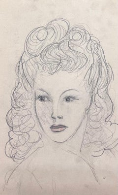 Mid Century French Portrait  of a with Woman Voluminous Curly Hair Pencil Sketch