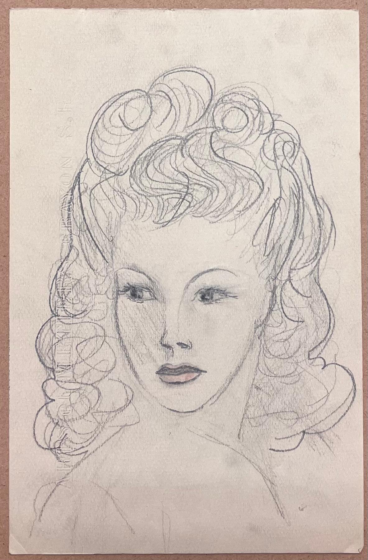 Französisches Porträt aus der Mitte des Jahrhunderts  einer Frau mit voluminösem lockigem Haar Bleistiftskizze (Post-Impressionismus), Painting, von Josine Vignon