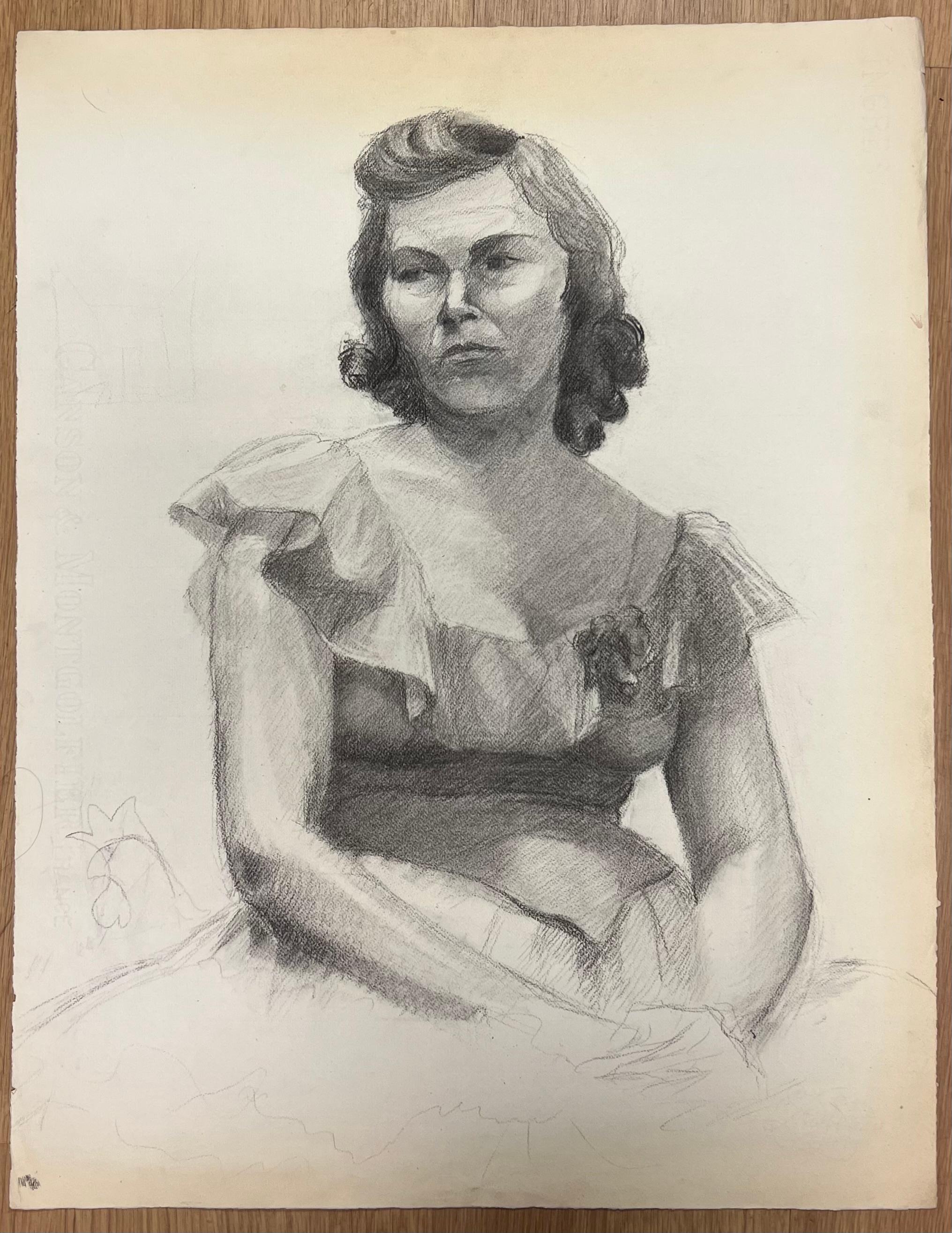 Französisches Porträt einer Frau in gerafftem Kleid aus der Mitte des Jahrhunderts – Painting von Josine Vignon