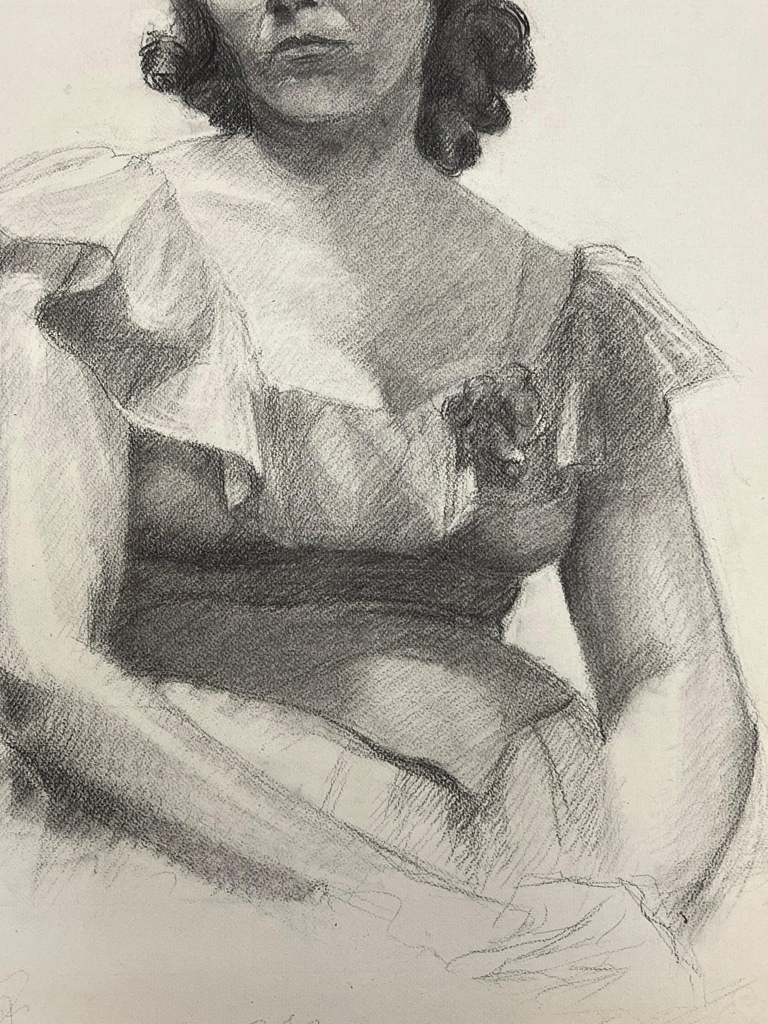 Französisches Porträt einer Frau in gerafftem Kleid aus der Mitte des Jahrhunderts (Post-Impressionismus), Painting, von Josine Vignon
