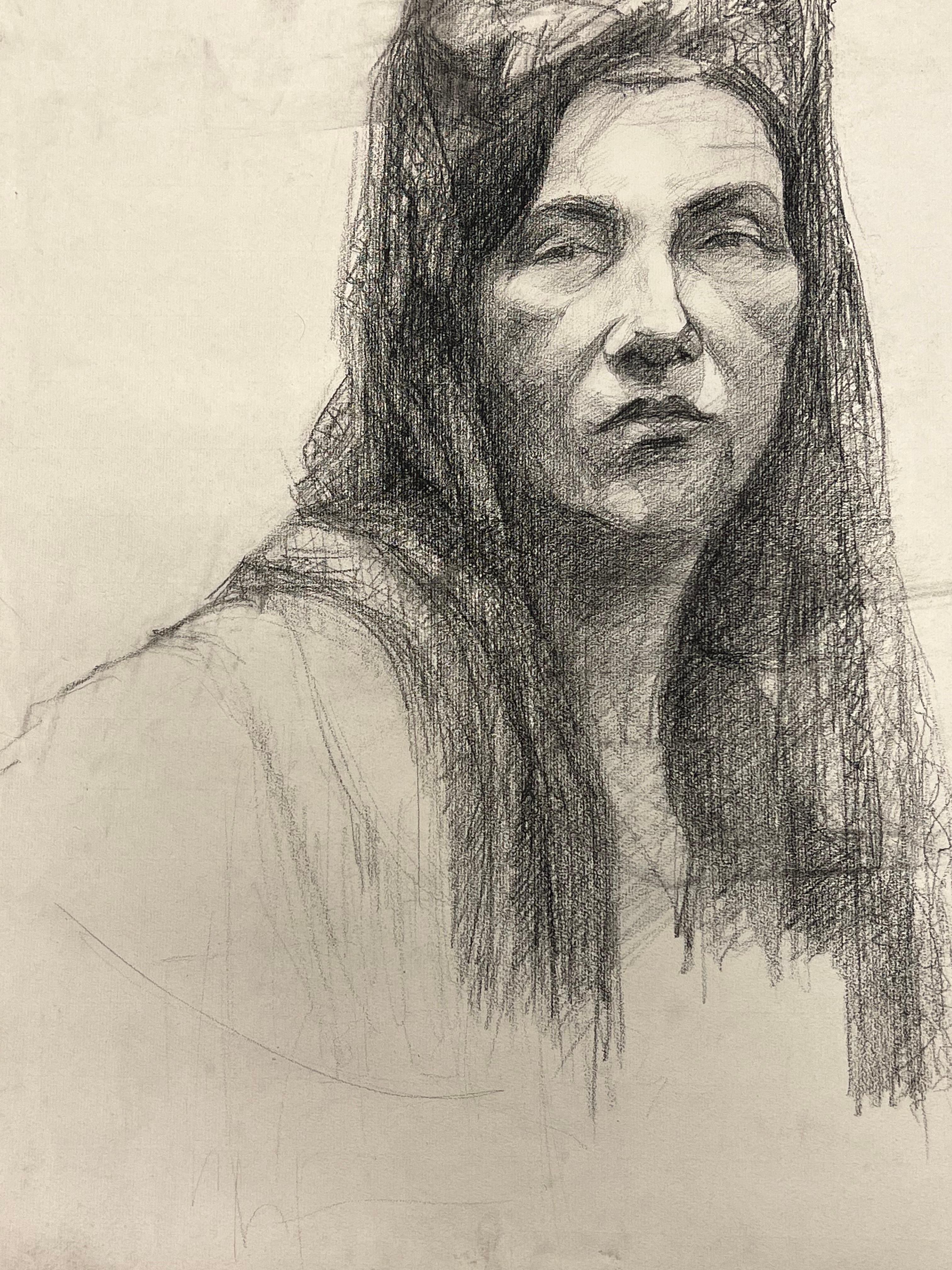 Ritratto di donna con velo drappeggiato, disegno francese della metà del secolo scorso - Art Postimpressionismo di Josine Vignon