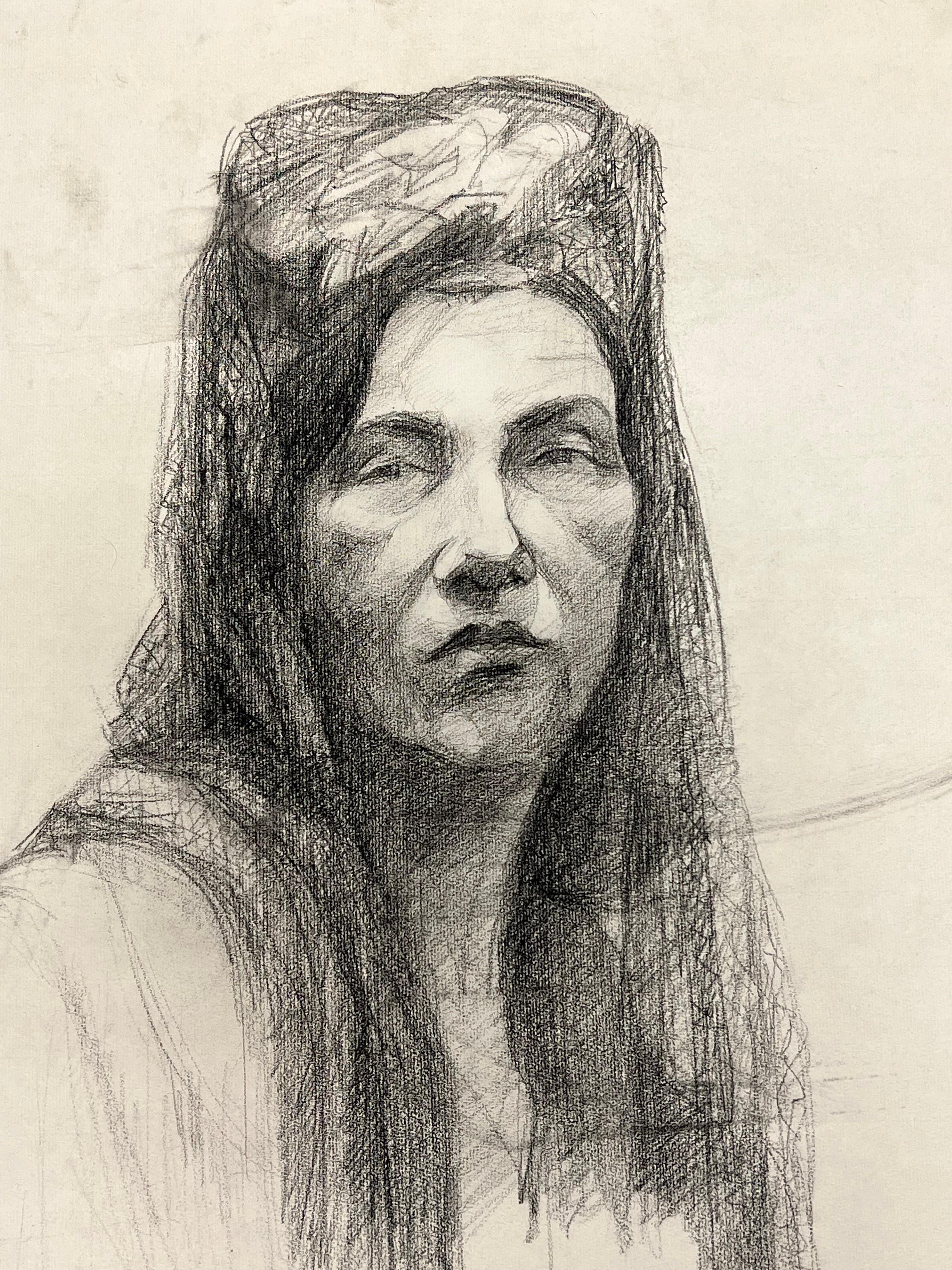 Ritratto di donna con velo drappeggiato, disegno francese della metà del secolo scorso - Figurative Art Beige di Josine Vignon