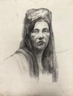 Dibujo francés de mediados de siglo Retrato de mujer con velo drapeado