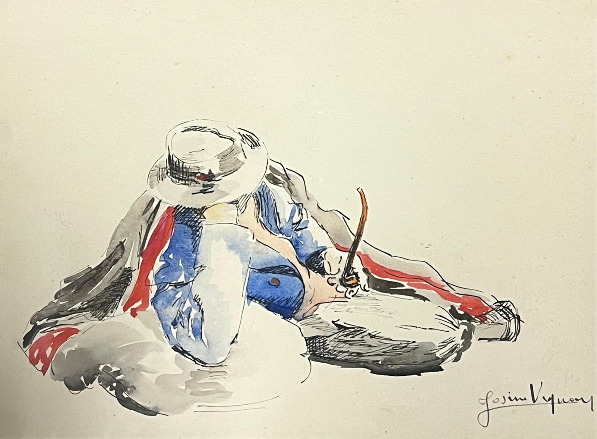 Französisches Porträt eines liegenden Mannes mit Pfeifen-Aquarellstudie aus der Mitte des Jahrhunderts – Painting von Josine Vignon