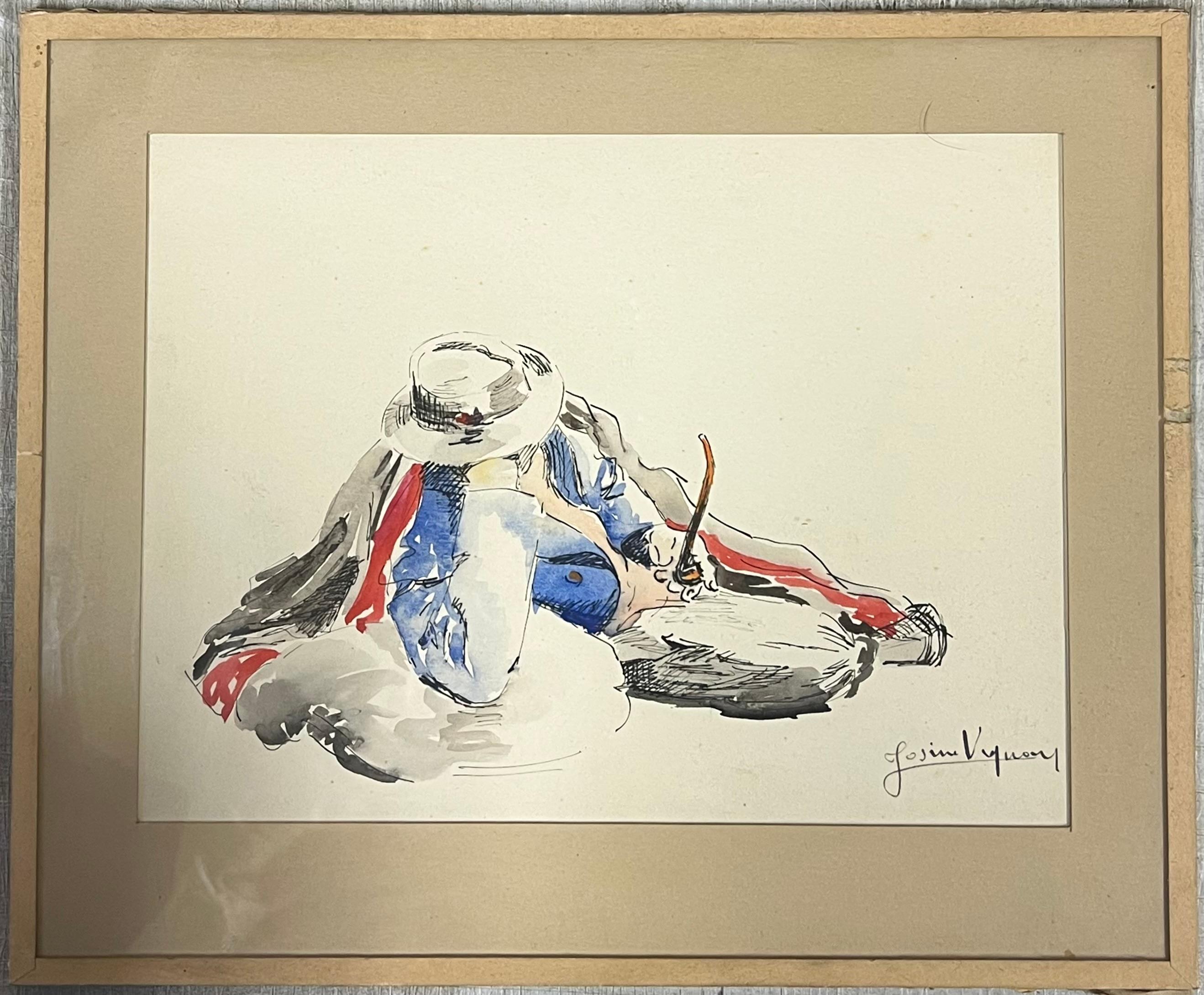 Mid Century French Portrait Reclining Man With a Pipe Watercolour Study
