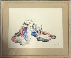 Retrato francés de mediados de siglo Hombre reclinado con una pipa Estudio de acuarela