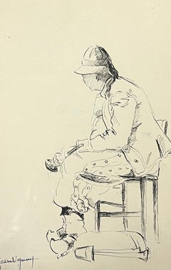 Mid Century French Portrait Seated Figures with Hat and Loose Shirt