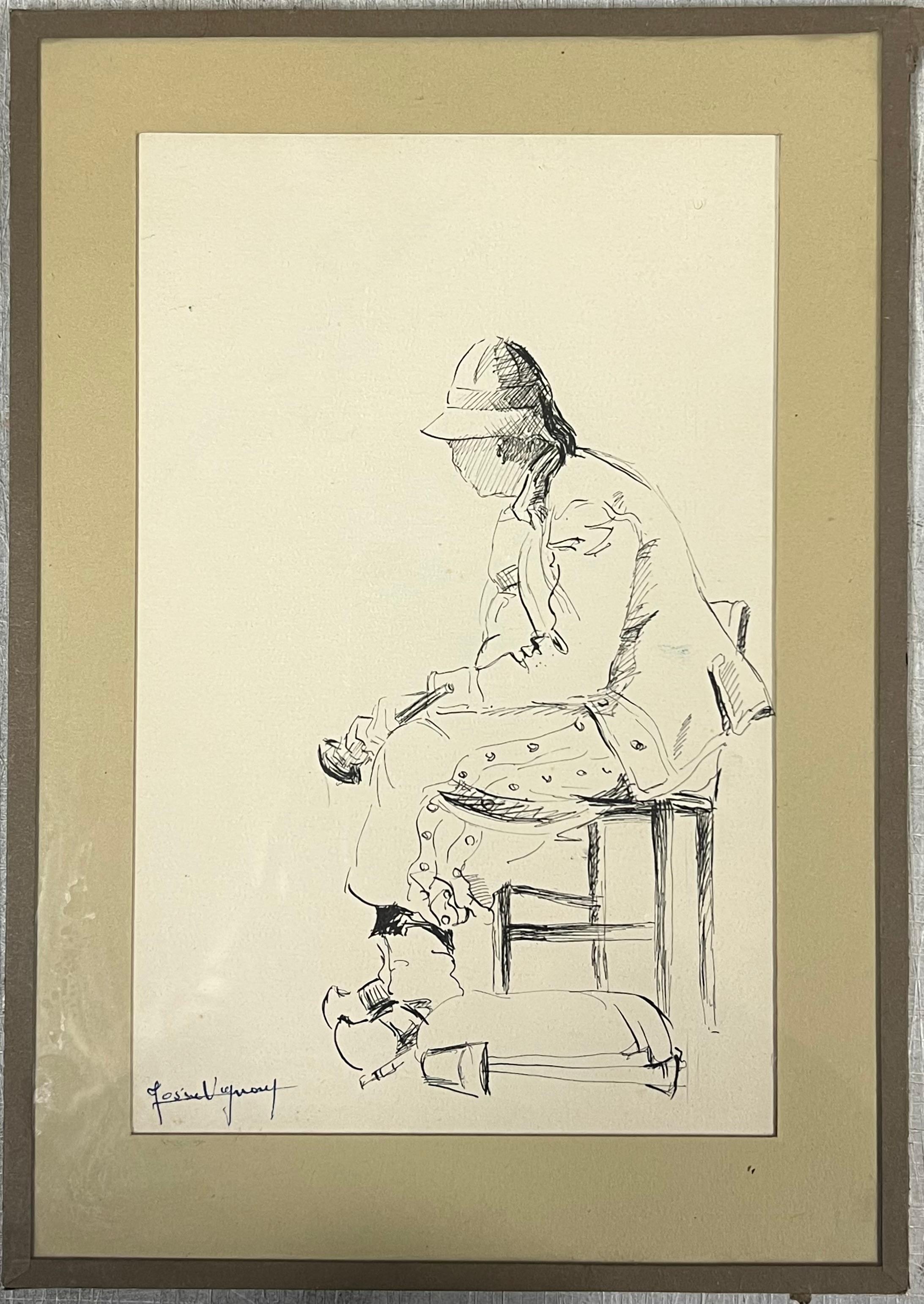 Ritratto francese di metà secolo di figure sedute con cappello e camicia allentata
