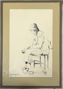 Ritratto francese di metà secolo di figure sedute con cappello e camicia allentata