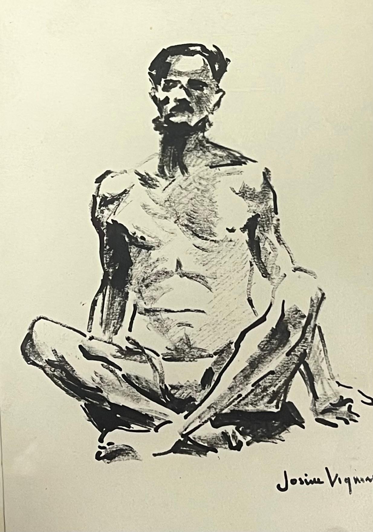 Mid Century French Portrait Seated Male Nude in a Meditative Pose - Art by Josine Vignon