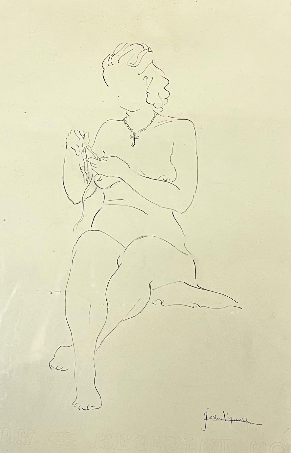 Französisches Porträt sitzende Frau mit Kreuz-Halskette, Studie, Mitte des Jahrhunderts – Art von Josine Vignon