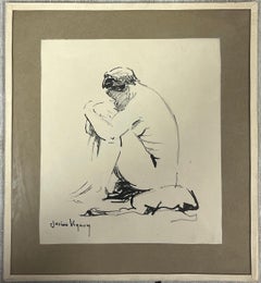 Mid Century French Portrait Sketch of a Seated Male Nude