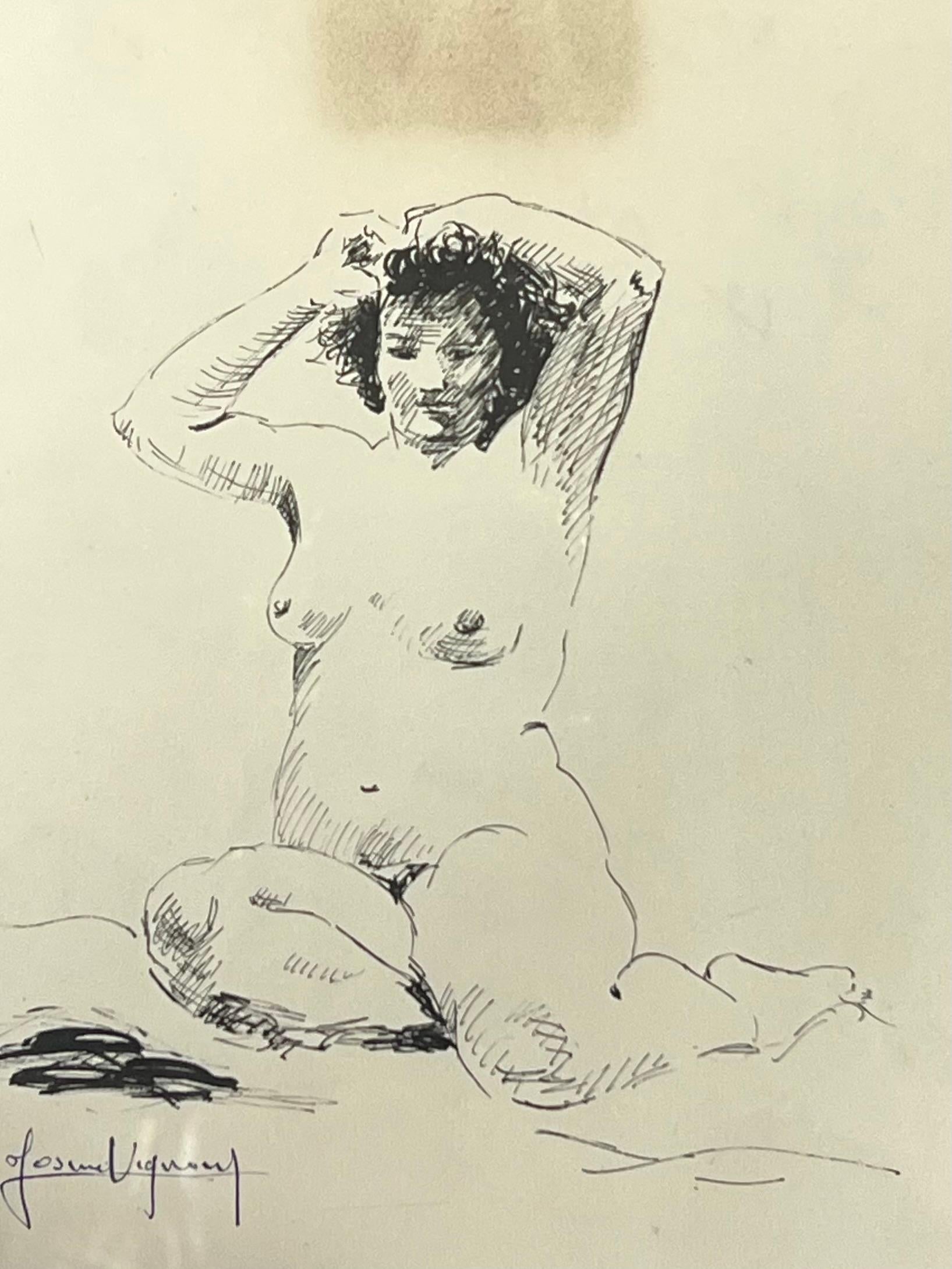 Portrait français du milieu du siècle dernier représentant une femme nue assise avec des mains en cheveux - Art de Josine Vignon