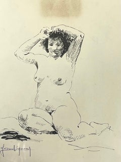 Retrato francés de mediados de siglo de una mujer desnuda sentada con las manos en el pelo