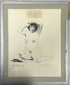 Retrato francés de mediados de siglo de una mujer desnuda sentada con las manos en el pelo