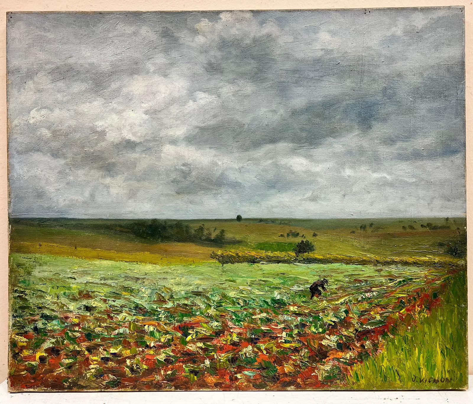 Olio su tela post impressionista della metà del secolo scorso Uomo che lavora nei campi - Painting di Josine Vignon