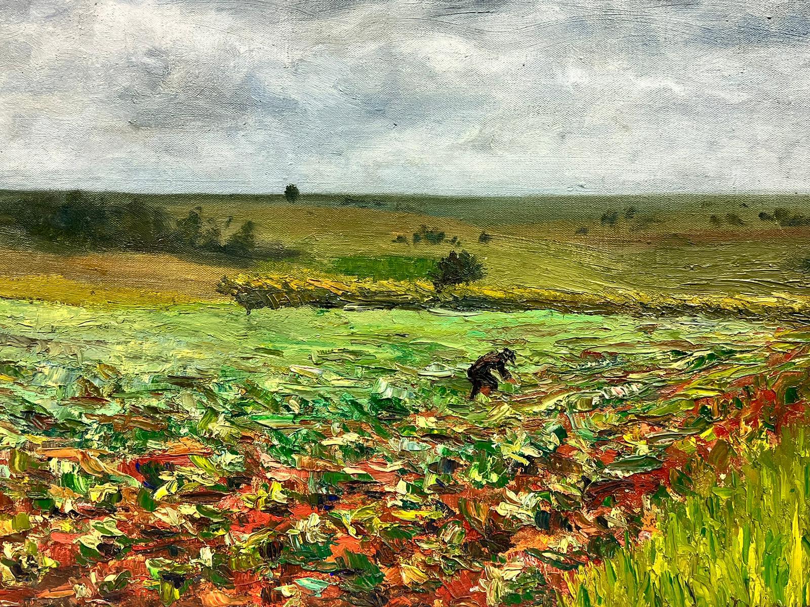 Olio su tela post impressionista della metà del secolo scorso Uomo che lavora nei campi - Painting Postimpressionismo di Josine Vignon