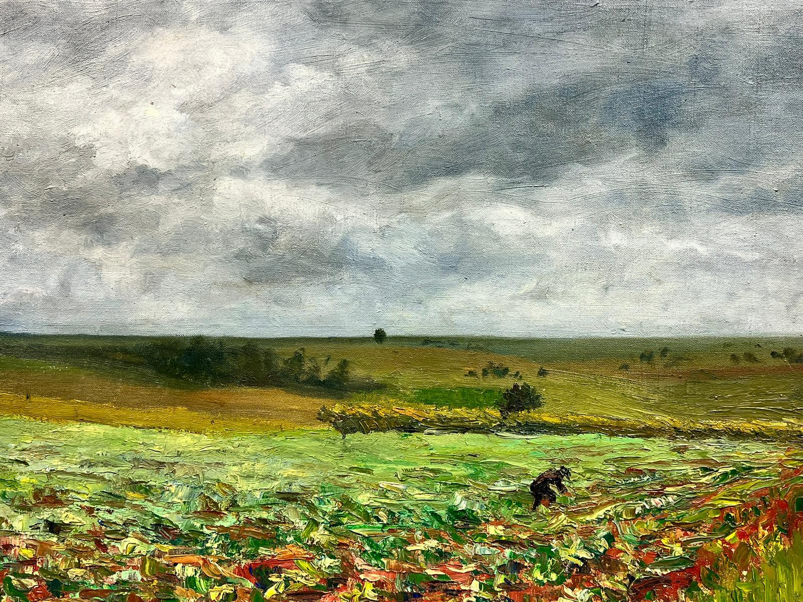 Olio su tela post impressionista della metà del secolo scorso Uomo che lavora nei campi - Landscape Painting Marrone di Josine Vignon