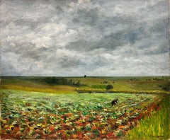 Huile sur toile française post impressionniste du milieu du siècle Homme travaillant dans les champs