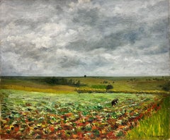 Olio su tela post impressionista della metà del secolo scorso Uomo che lavora nei campi
