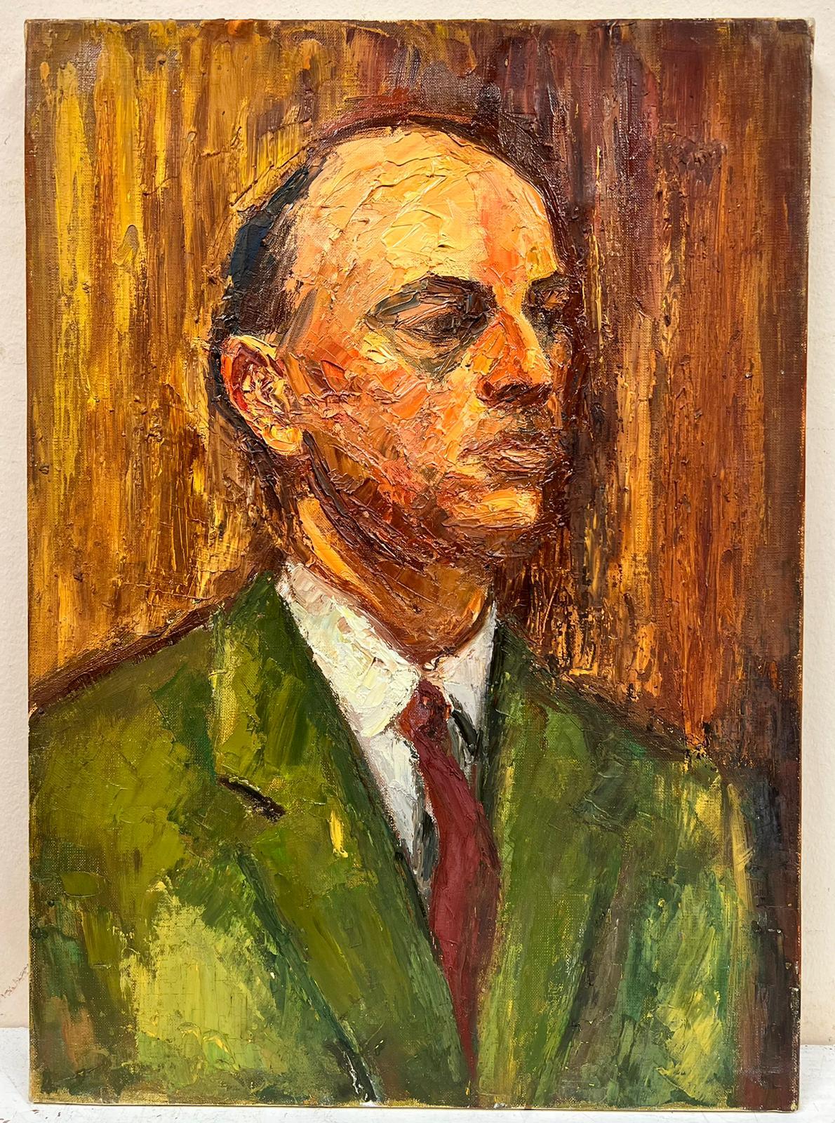 Mid Century French Post Impressionist Oil on Canvas Portrait Man in Green Jacket - Painting by Josine Vignon