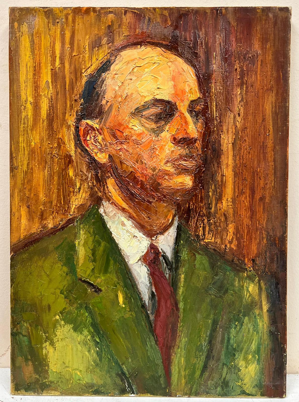 Französisches postimpressionistisches Porträt eines Mannes in grüner Jacke, Öl auf Leinwand, Mitte des Jahrhunderts – Painting von Josine Vignon