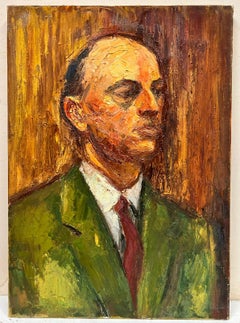 Mid Century French Post Impressionist Oil on Canvas Portrait Man in Green Jacket