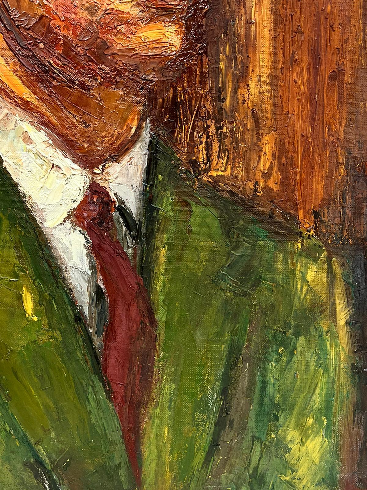 Portrait d'un homme en veste verte, huile sur toile, post impressionnisme français du milieu du siècle dernier - Post-impressionnisme Painting par Josine Vignon